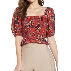 BP Floral Print Smocked Crop Top Puff short sleeves cotton blend Sz 1XL